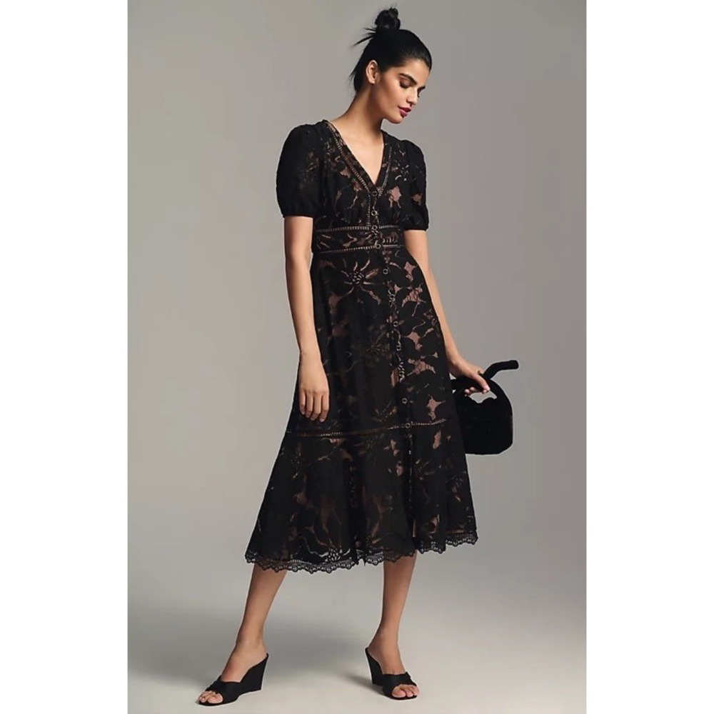Anthropologie The Ophelia Puff-Sleeve Black Lace Midi Dress Size US 0 Petite